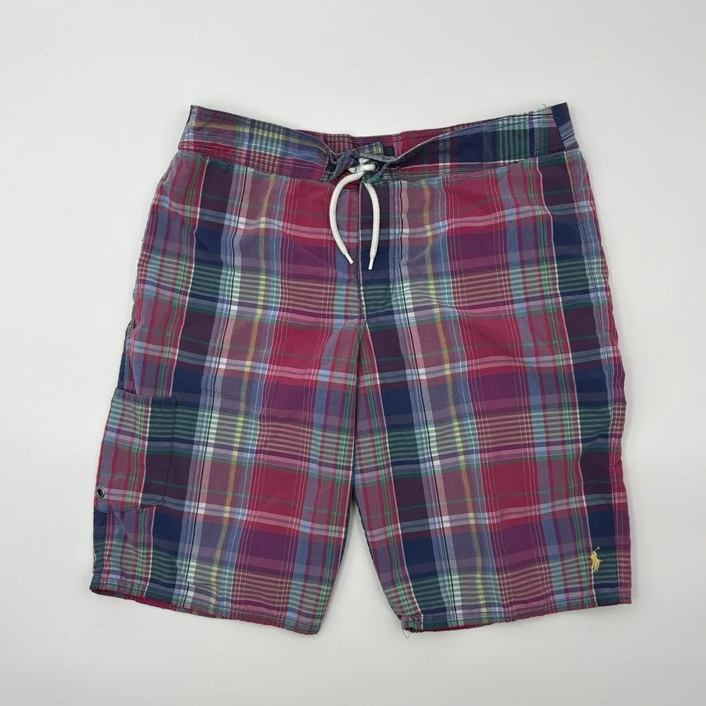 Polo‎ Ralph Lauren Boys XL 18-20 Swim Trunks Plaid Madras Mesh Lined Pony